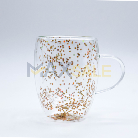 Елегантна двустенна чаша с дръжка и вградени бляскави частици 350мл