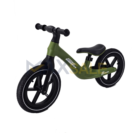 Баланс колело за деца с надуваеми гуми и регулираща се седалка – маслинено зелено
