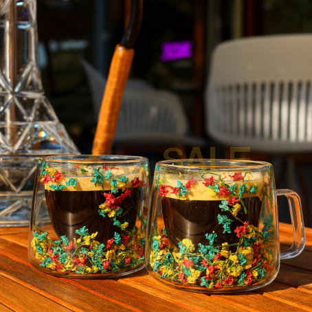 Сет от 2 многоцветни двустенни чаши с дръжка и вградени цветя, 200 мл