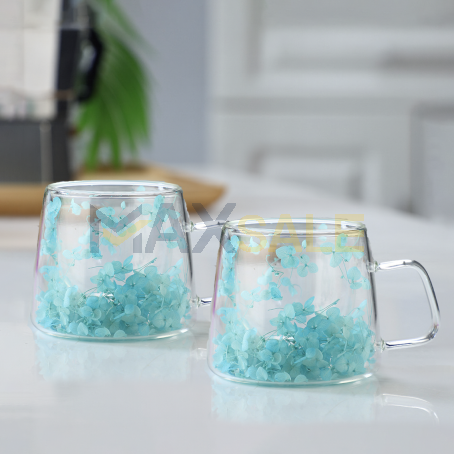 Луксозни сет от 2бр двустенни чаши с ефектни сини цветя, 200 мл