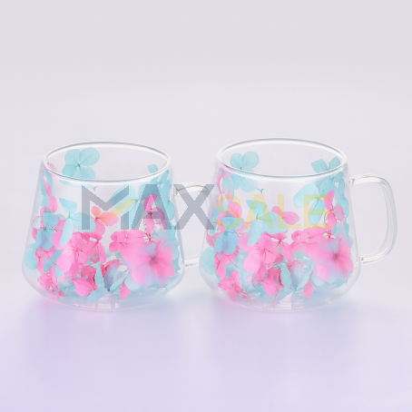 Сет 2бр чаши с розово-син микс от листенца – дизайнерски двустенен сет, 200 мл