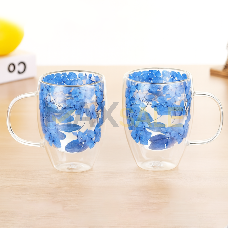 Флорален сет от 2бр двустенни чаши със сини цветя, 350 мл