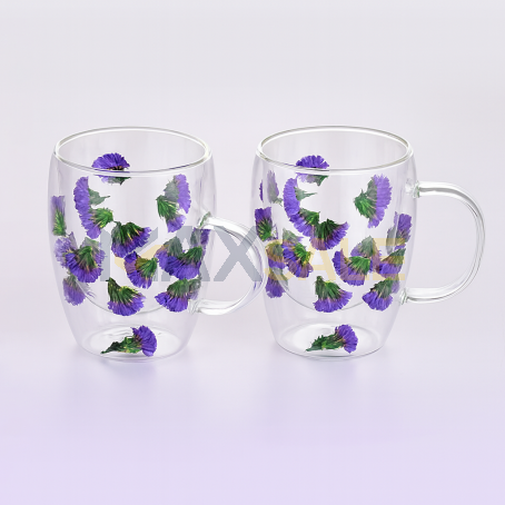 Сет от 2бр двустенни чаши с лилави цветя, 350 мл