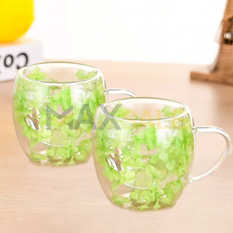 Сет 2бр нежни двустенни чаши със зелени цветчета, 350 мл