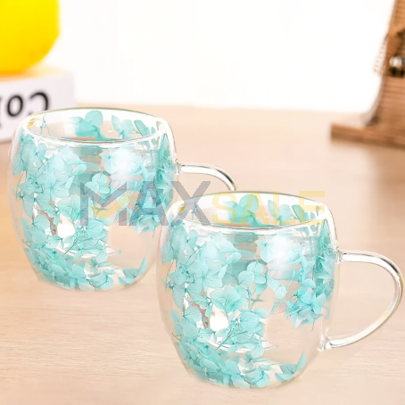 Сет 2бр нежни двустенни чаши със сини цветчета, 350 мл