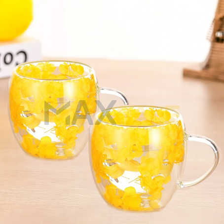 Сет 2бр нежни двустенни чаши с жълти цветчета, 350 мл