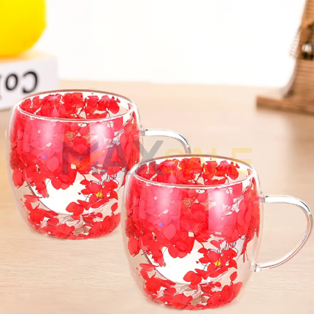 Сет 2бр нежни двустенни чаши с червени цветчета, 350 мл