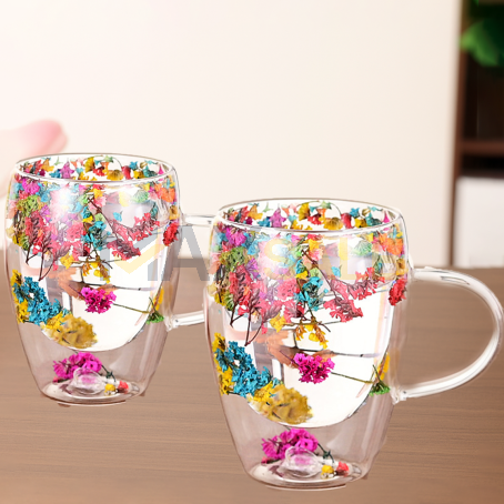 Комплект 2бр елегантни чаши с двойно дъно и цветна декорация, 350мл