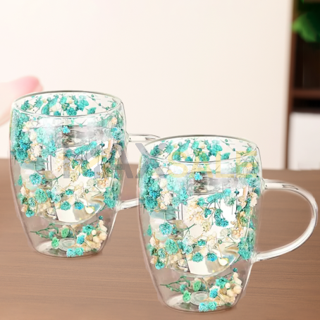 Пролетен комплект от 2 двустенни чаши с дръжка и двойно дъно, 350 мл, флорален стил