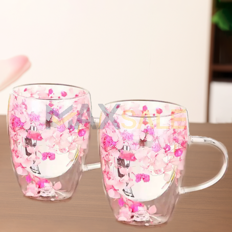 Хармоничен сет 2бр двустенни чаши с вградени цветя в розови нюанси, 350мл