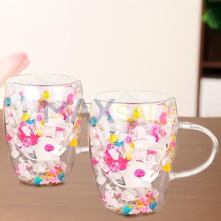 Елегантен комплект 2бр двустенни чаши с флорален дизайн, 350мл