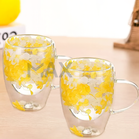 Комплект 2бр флорални двустенни чаши с вградени жълти цветя, 350мл