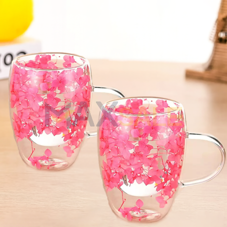Комплект 2бр флорални двустенни чаши с вградени розови цветя, 350мл