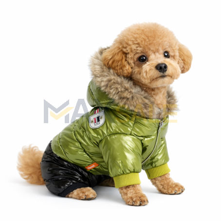 Лачено зимно яке за куче със стилна пухкава качулка и подплата, зелено с черно