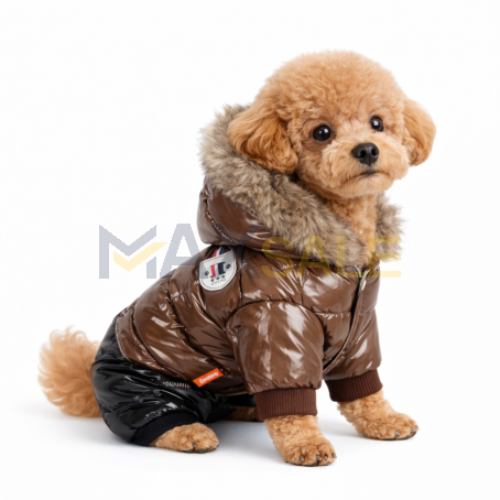 Лачено зимно яке за куче със стилна пухкава качулка и подплата, кафяво с черно