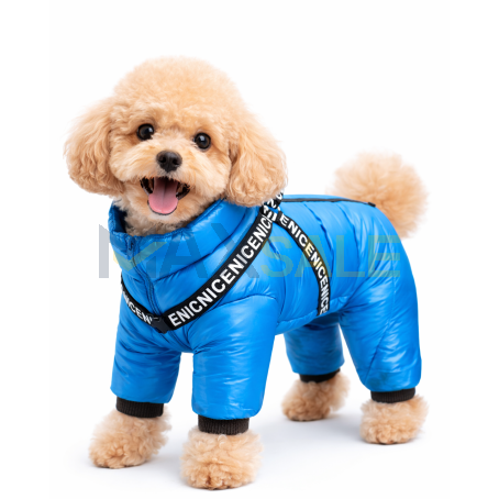Топло зимно яке за куче с вграден повод, синьо
