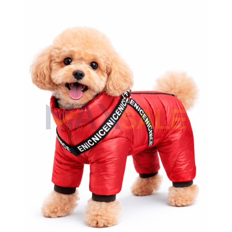 Топло зимно яке за куче с вграден повод, червено