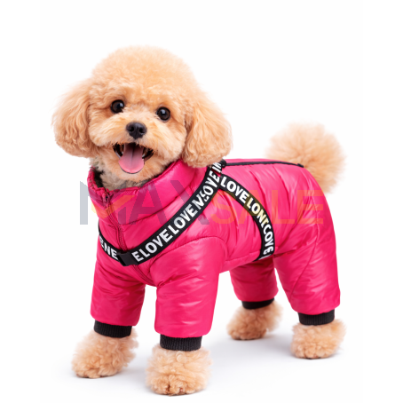 Топло зимно яке за куче с вграден повод, розово