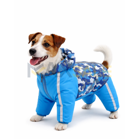 Синьо зимно кучешко яке с пълно покритие и син камуфлажен детайл