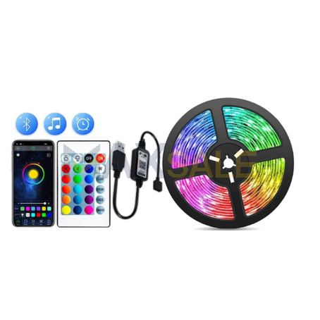 LED RGB лента с дължина 5 метра, USB захранване и управление чрез дистанционно и Bluetooth приложение / App