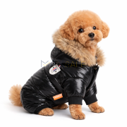 Зимно кучешко яке с пухкава качулка и подплата, черно