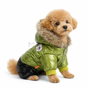 Лачено зимно яке за куче със стилна пухкава качулка и подплата, зелено с черно